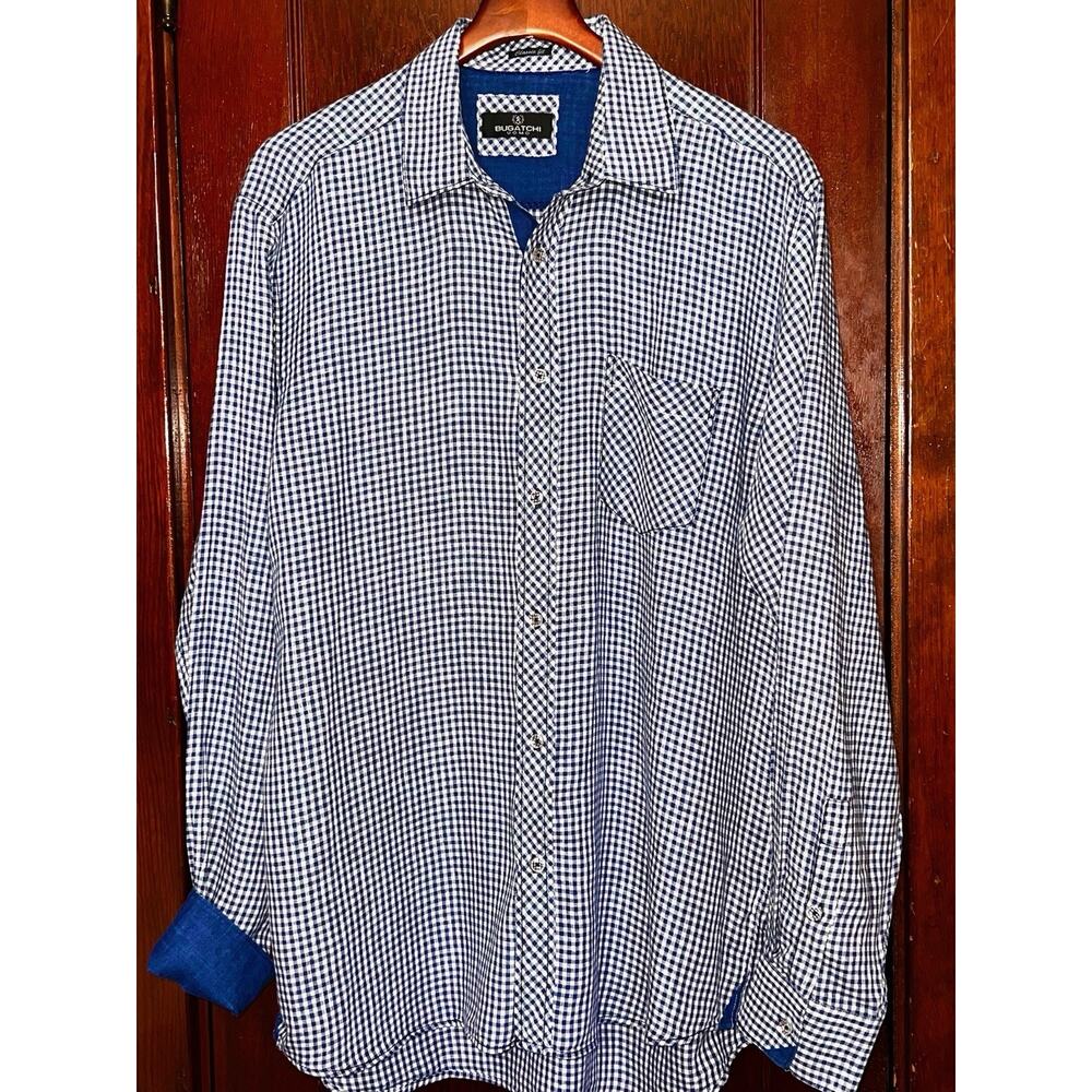 BUGATCHI BLUE WHITE GINGHAM CHECK LINEN CLASSIC FIT SHIRT SIZE L / LARGE